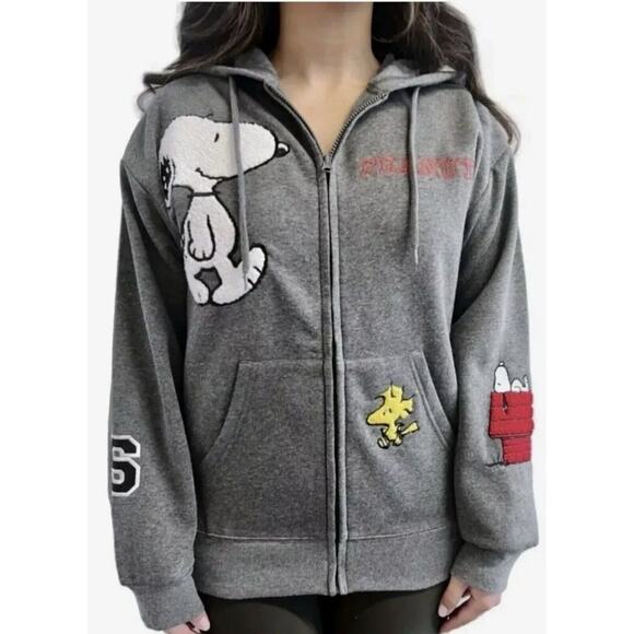Snoopy Tops - NWT Peanuts Snoopy Full Zip Sweatshirt Hoodie With Chenille Patches ~ Gray L